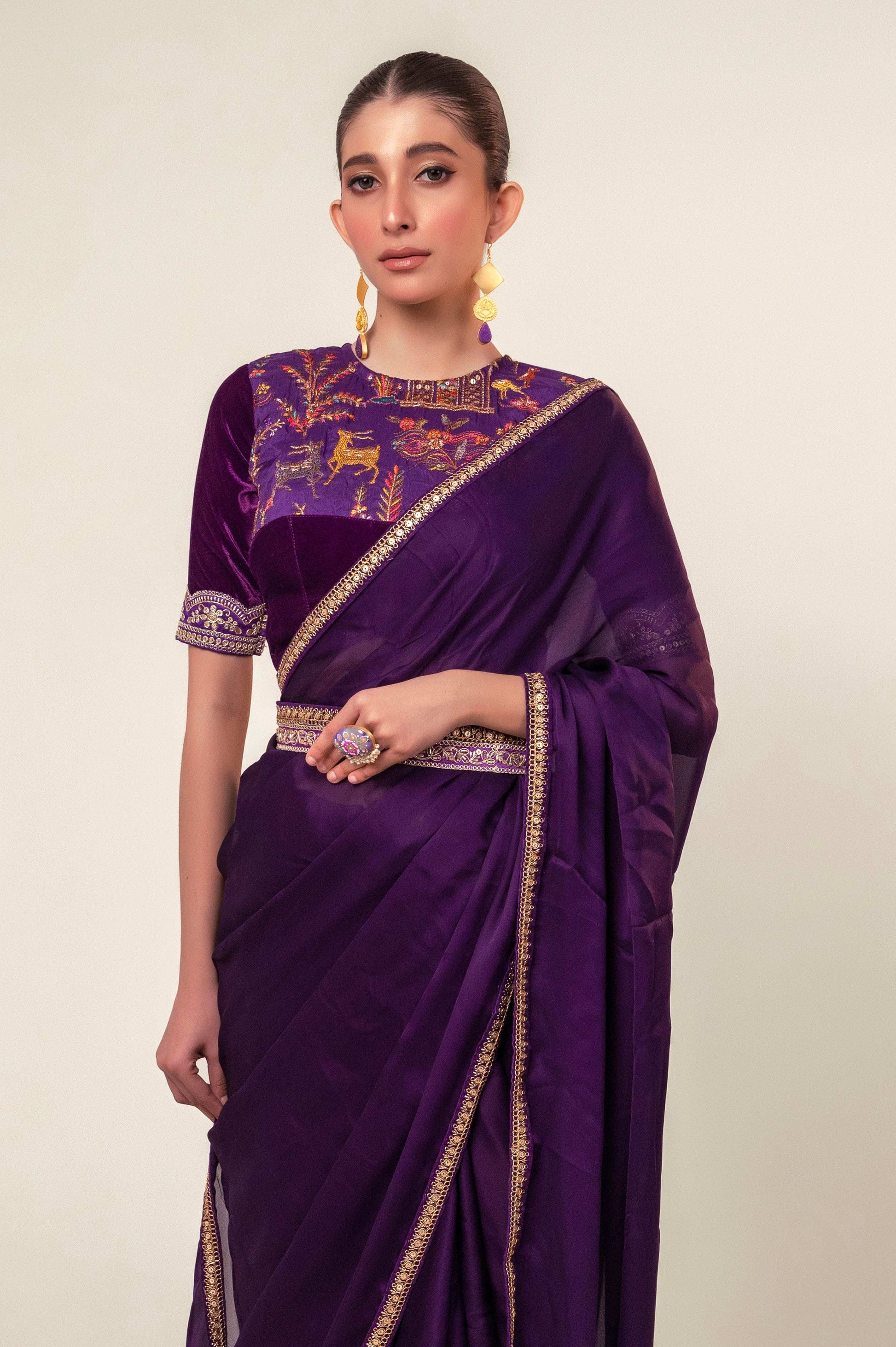 BOLD BLOOM SAREE WITH ROYAL HAZE BLOUSE - 66Aura