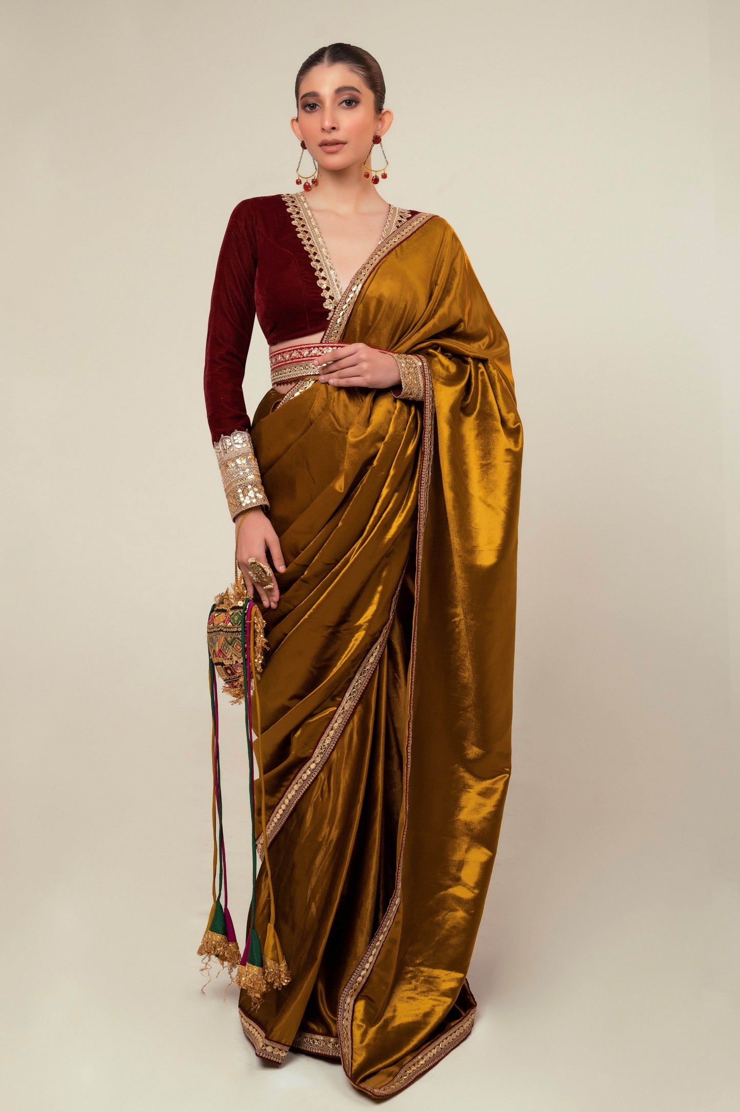 LUXE LIME SAREE WITH OXBLOOD EDGE BLOUSE - 66Aura