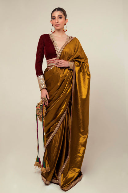 LUXE LIME SAREE WITH OXBLOOD EDGE BLOUSE - 66Aura