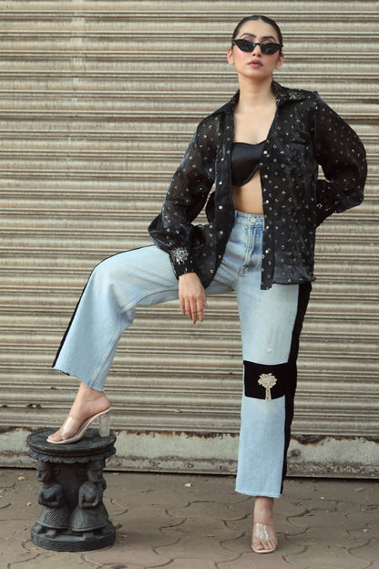 Pair of stylish BOSS BABE jeans from 66aura, featuring a classic fit with distressed details and a high-waist design.