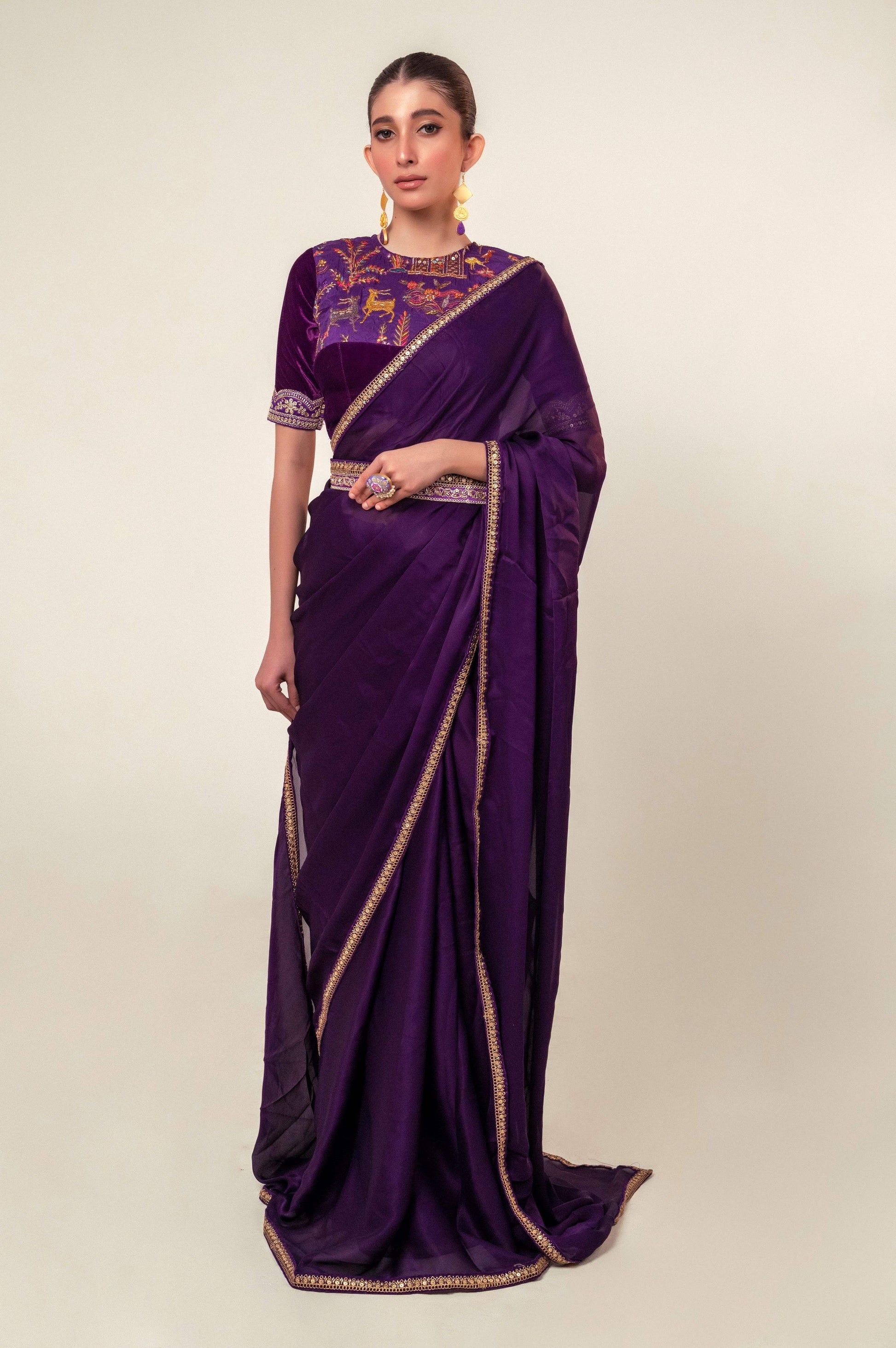 BOLD BLOOM SAREE WITH ROYAL HAZE BLOUSE - 66Aura