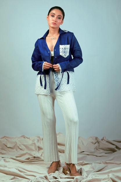 Cobalt Crush oversized shirt by 66aura displayed flat with long sleeves and a relaxed fit, showcasing casual streetwear style.