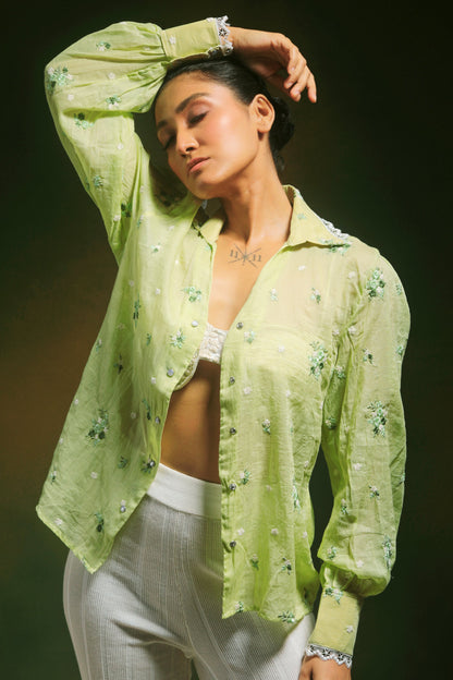 Mint Mist oversized shirt by 66aura, soft mint green fabric with a relaxed fit, long sleeves, and casual style.