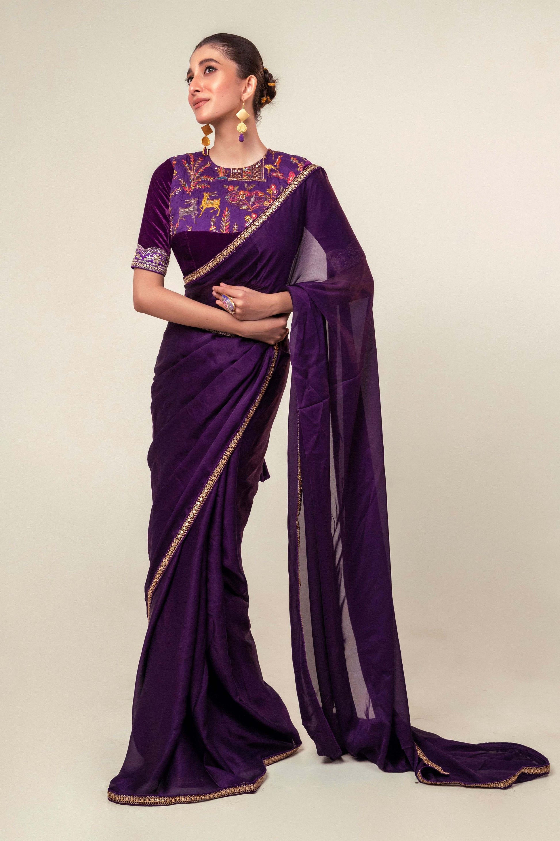 BOLD BLOOM SAREE WITH ROYAL HAZE BLOUSE - 66Aura