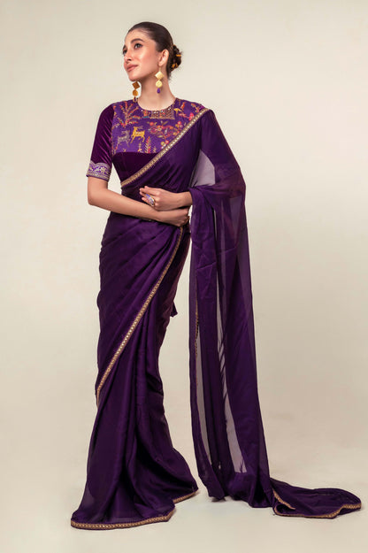 BOLD BLOOM SAREE WITH ROYAL HAZE BLOUSE - 66Aura