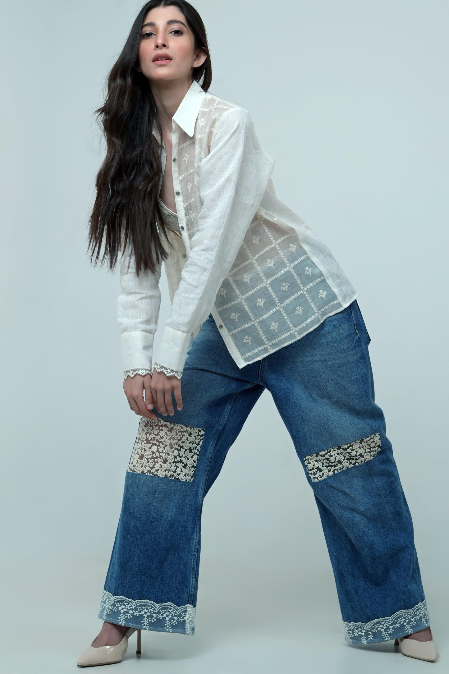 Dark blue Vibe Check jeans by 66aura featuring a slim fit design and classic five-pocket styling.