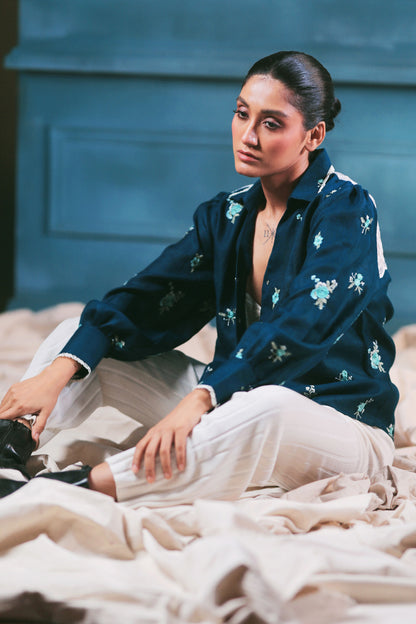 Navy Nexus oversized shirt by 66aura featuring a relaxed fit, long sleeves, and a casual, stylish design.