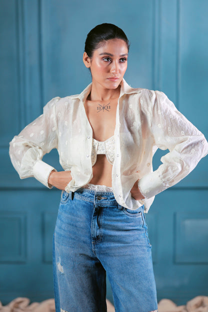 Oversized CLOUD CRAFT shirt by 66aura featuring a relaxed fit and soft fabric, displayed on a hanger.