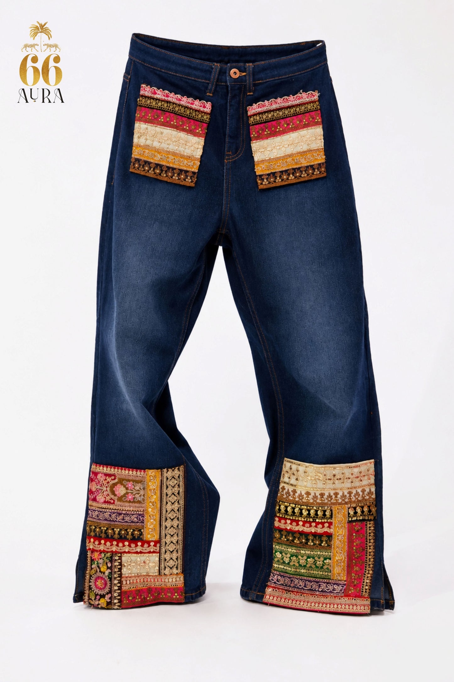 Model wearing 66aura Too Iconic Jeans, showcased on a model with a textured background and stylish props for a fashion photoshoot.