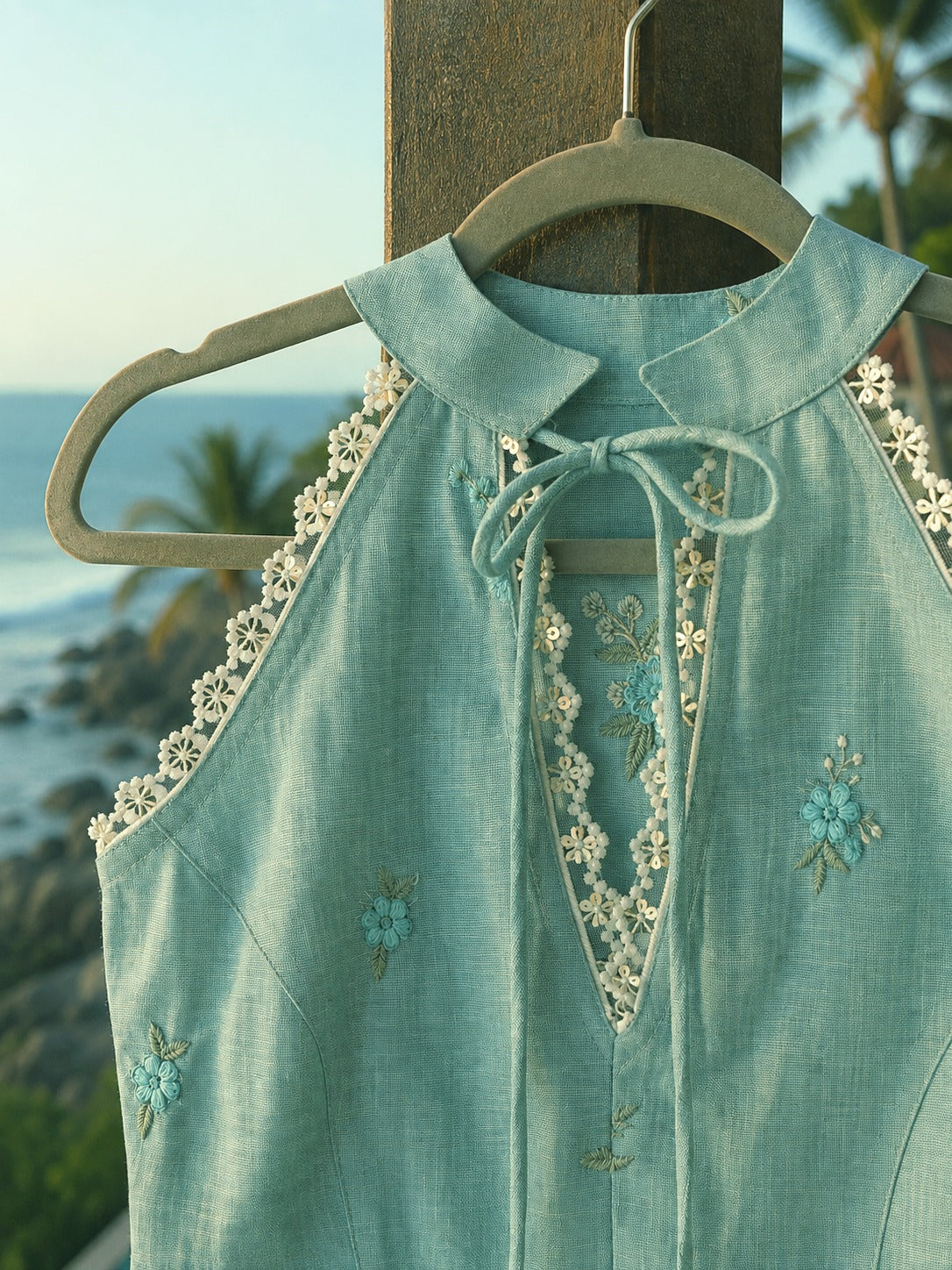 Mint green Tuscany Tide top by 66aura featuring a relaxed fit and stylish design, shown on a hanger.