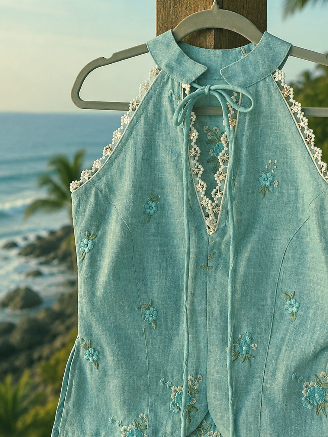 Mint blue Tuscany Tide top by 66aura, featuring a relaxed fit with short sleeves and a stylish neckline.