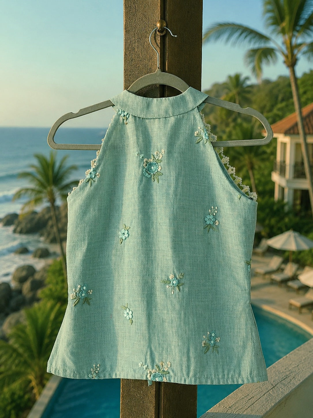 Mint sky TUSCANY TIDE TOP by 66aura featuring lightweight fabric and relaxed fit, perfect for casual wear.