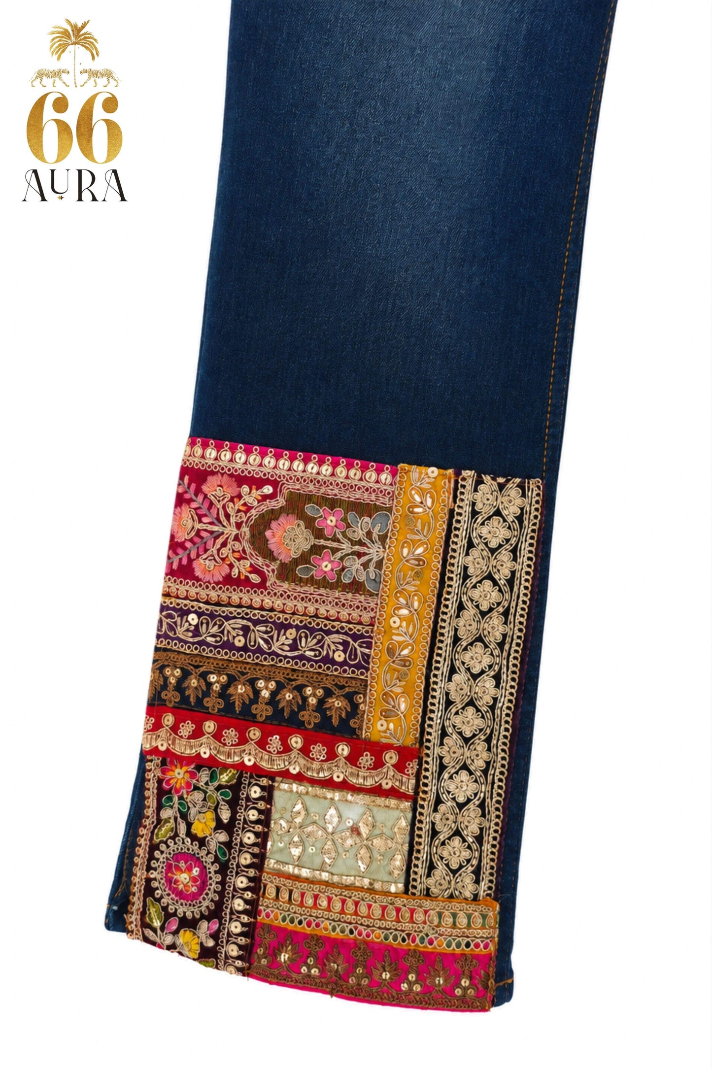 66aura Too Iconic jeans displayed on a multihang, showcasing their stylish fit and denim texture.