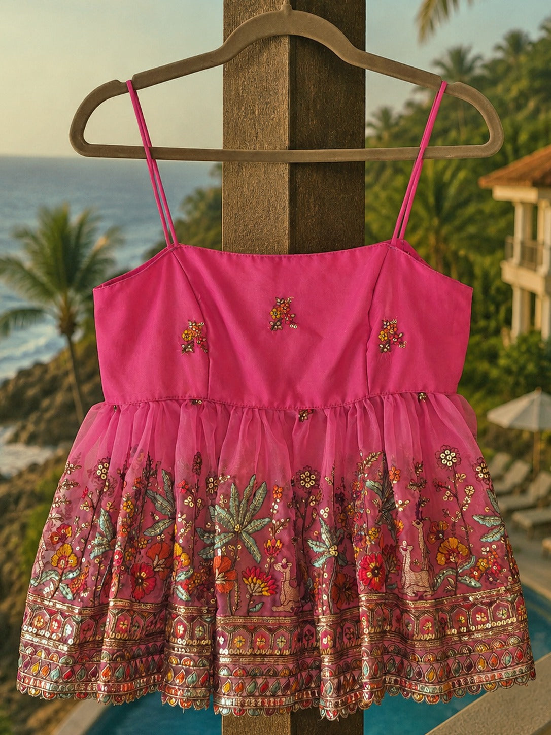 Pink Florence Flirt Top by 66aura displayed hanging on a wooden hanger with a soft pink background.