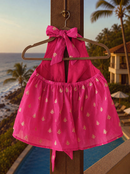 Pink chicken hang-up display featuring the Cupid Crisis Top by 66aura, showcasing the vibrant pink fabric and stylish design.
