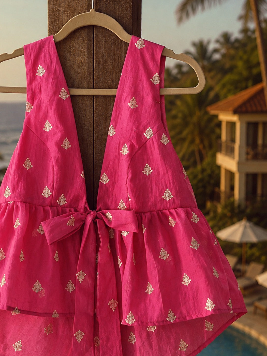 Pink chicken hang print top by 66aura featuring a casual, stylish design with a round neckline and long sleeves.