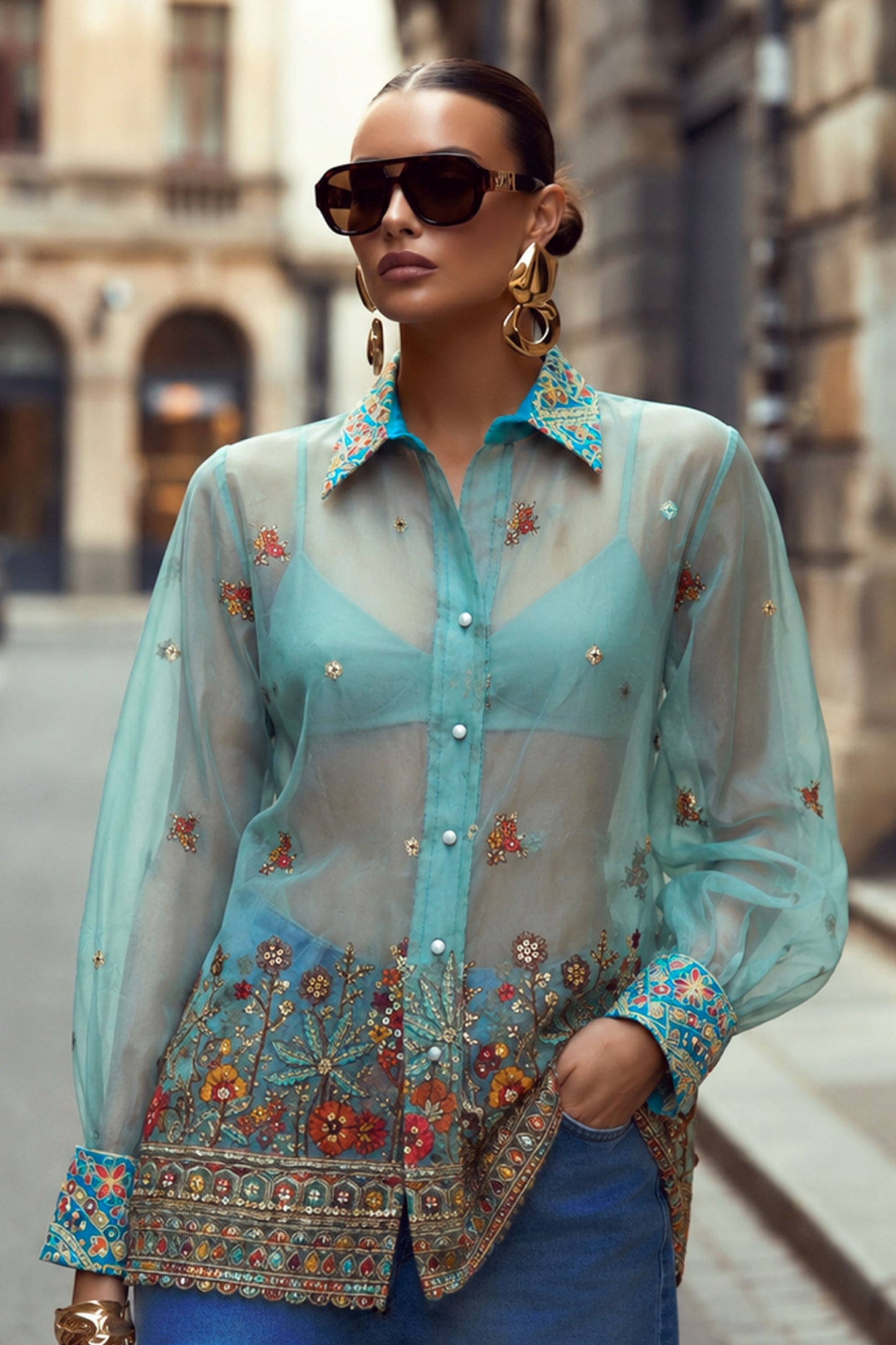 Sky blue oversized coastal carnival shirt by 66aura featuring a relaxed fit and vibrant seaside-inspired print.