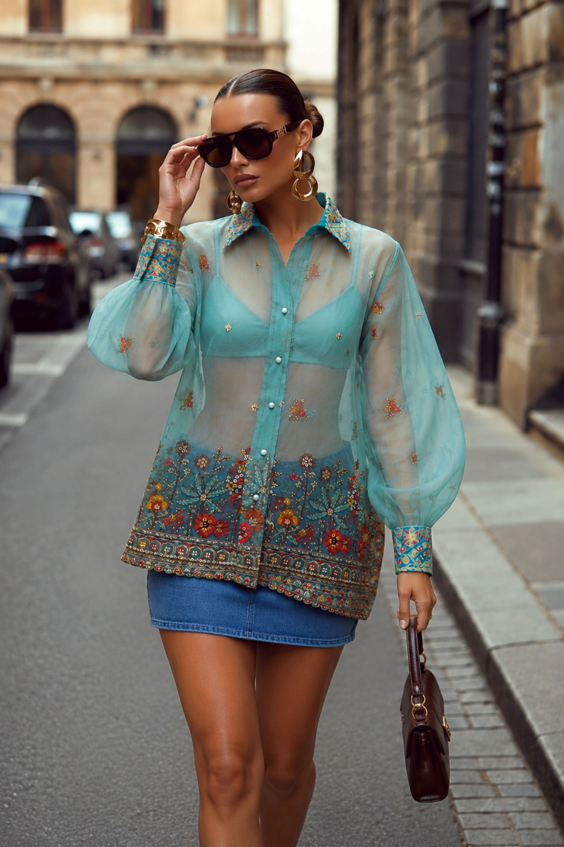 Sky blue oversized shirt with coastal carnival print by 66aura, featuring a relaxed fit and vibrant seaside-inspired design.