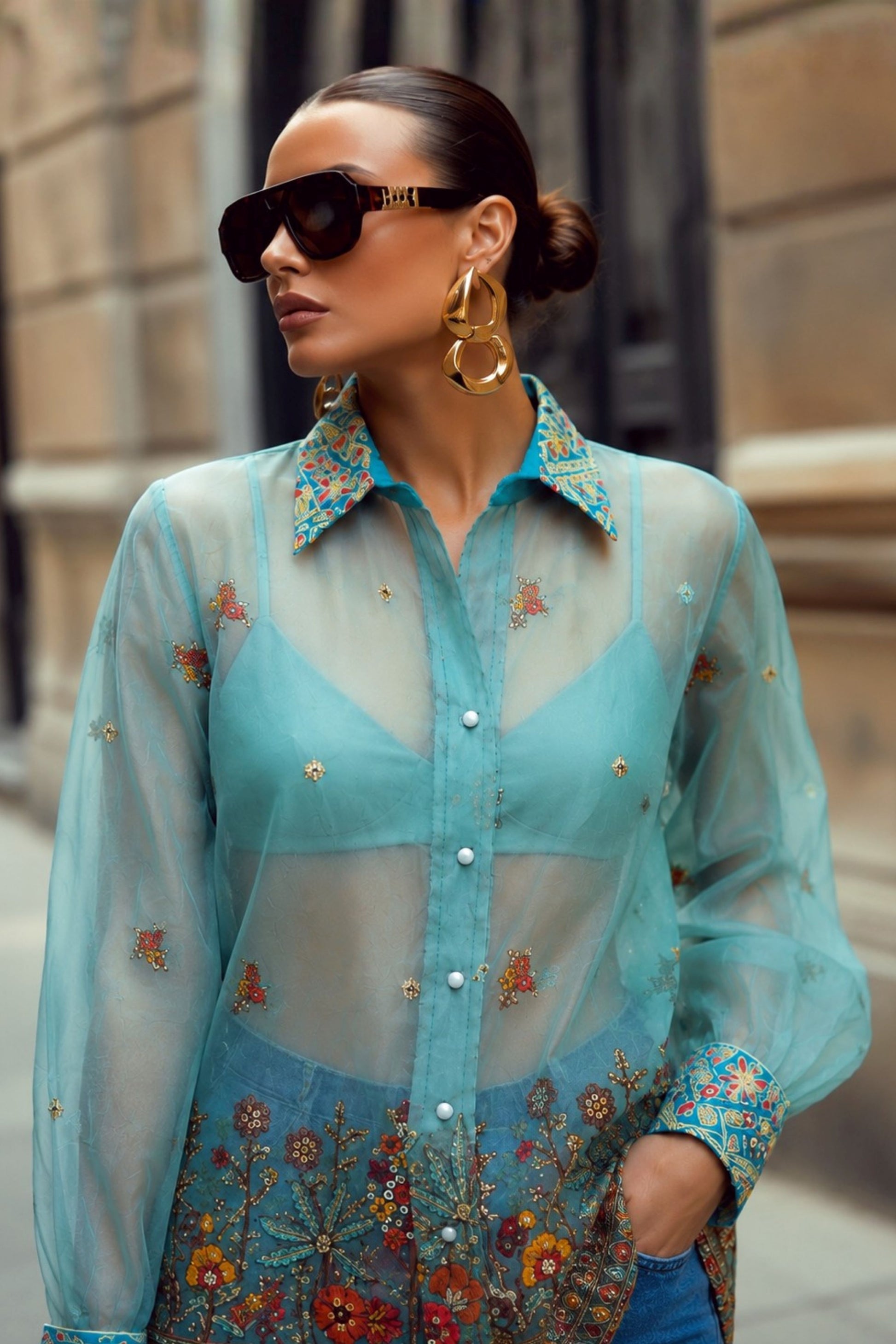 Sky blue oversized coastal carnival shirt by 66aura with a relaxed fit and vibrant print, perfect for casual summer wear.