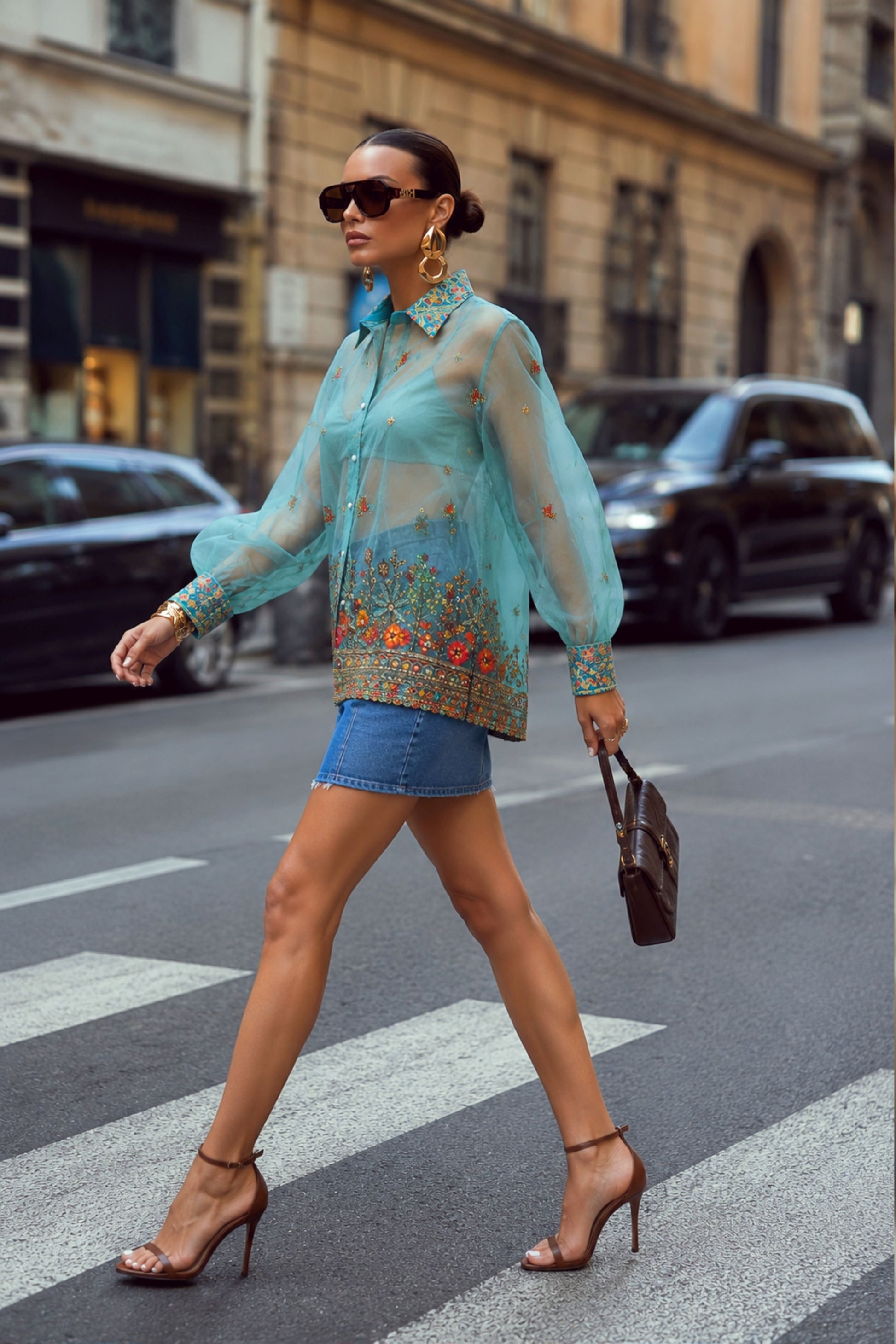 Sky blue oversized coastal carnival shirt by 66aura with a relaxed fit and floral print, shown on a hanger against a plain background.